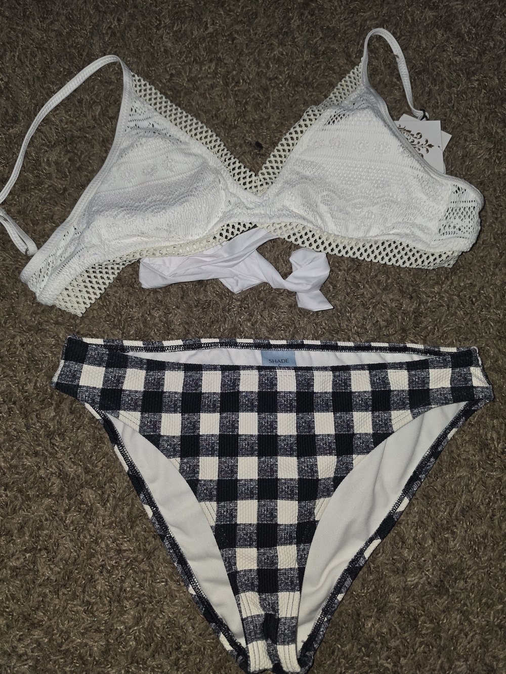 BECCA White Crochet Triangle Bikini Top with Navy Gingham Bottoms
